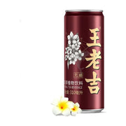 王老吉无糖凉茶310ml罐装，深红色罐身印有金色王老吉字样及白色花卉图案，底部配有白色鸡蛋花装饰。