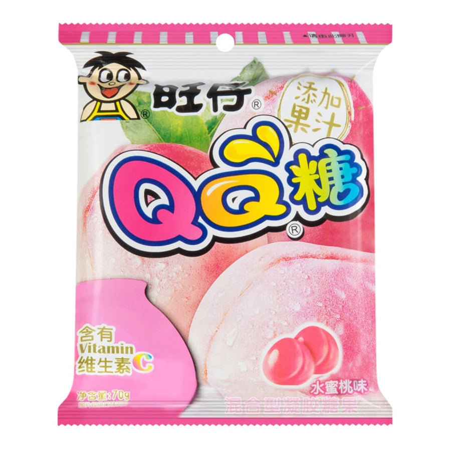 旺旺旺崽QQ糖水蜜桃味包装，粉色调设计，背景为水蜜桃图案，标注添加果汁。