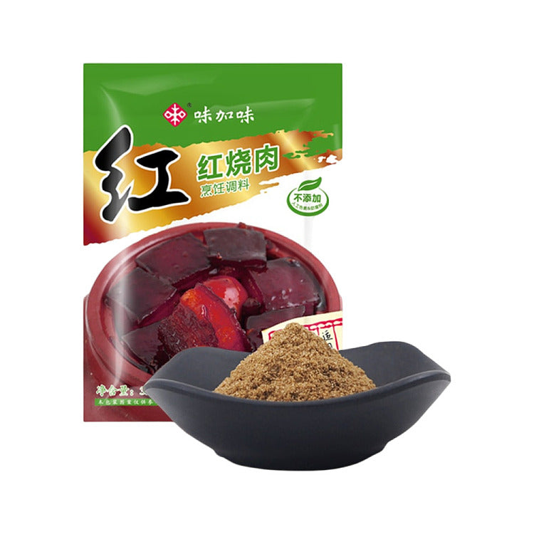 味加味红烧肉调料包装袋正面，展示用于炖煮浓郁口味红烧肉的便捷酱汁包。