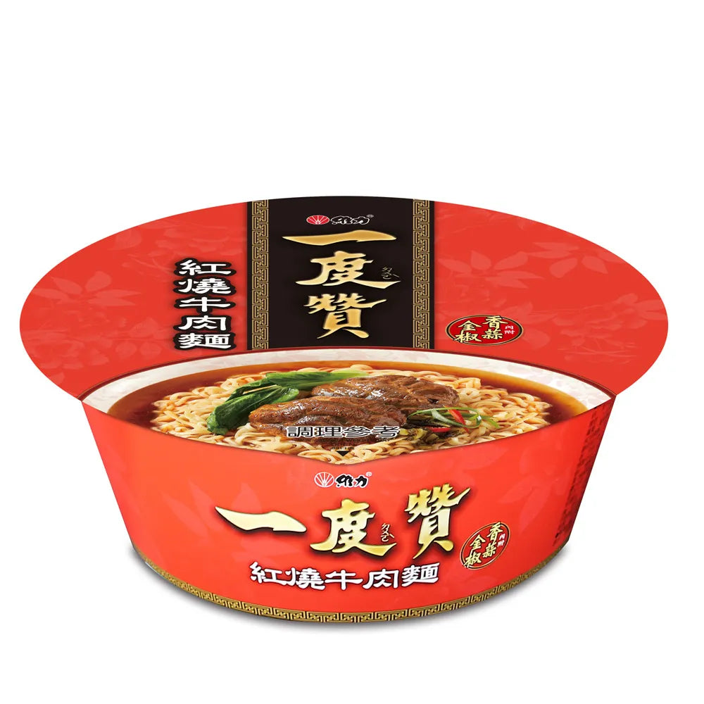 维力一度赞红烧牛肉风味碗面，包装正面展示浓郁汤头与肉块。