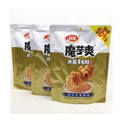 三袋卫龙魔芋爽麻酱味包装展示，包装上印有老北京麻酱味、魔芋素毛肚图案及加量50%黄色角标。