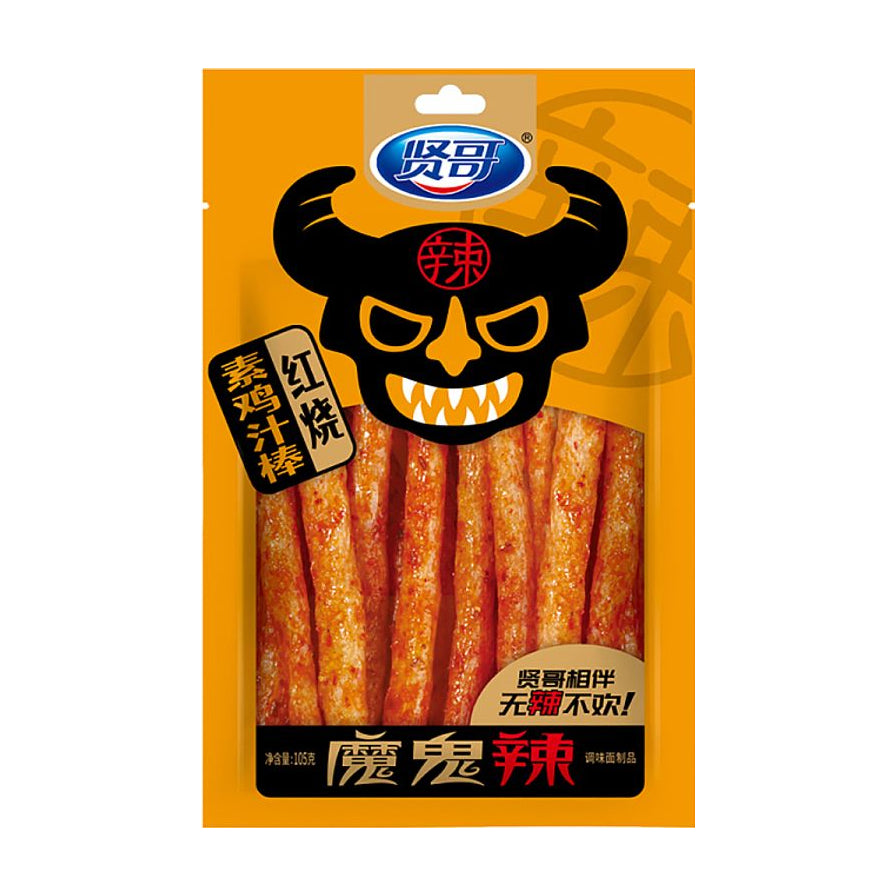贤哥魔鬼辣辣条红烧素鸡汁棒包装正面图，橙色背景印有黑色牛头图案，透明窗口可见内部条状辣条。