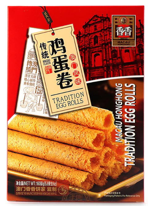 香香牌鸡蛋卷侧面视角，突出手工卷制的层次感和浓郁奶香的酥脆质地。