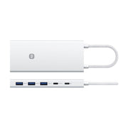 小米十合一扩展坞的正面视角和侧面接口展示，包含三个USB 3.0接口和两个USB - C接口。