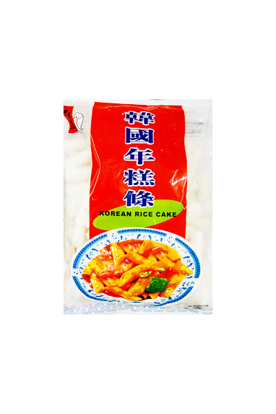 一只鼎韩国年糕条包装展示，白色圆柱形长条，专为韩式辣炒年糕设计。