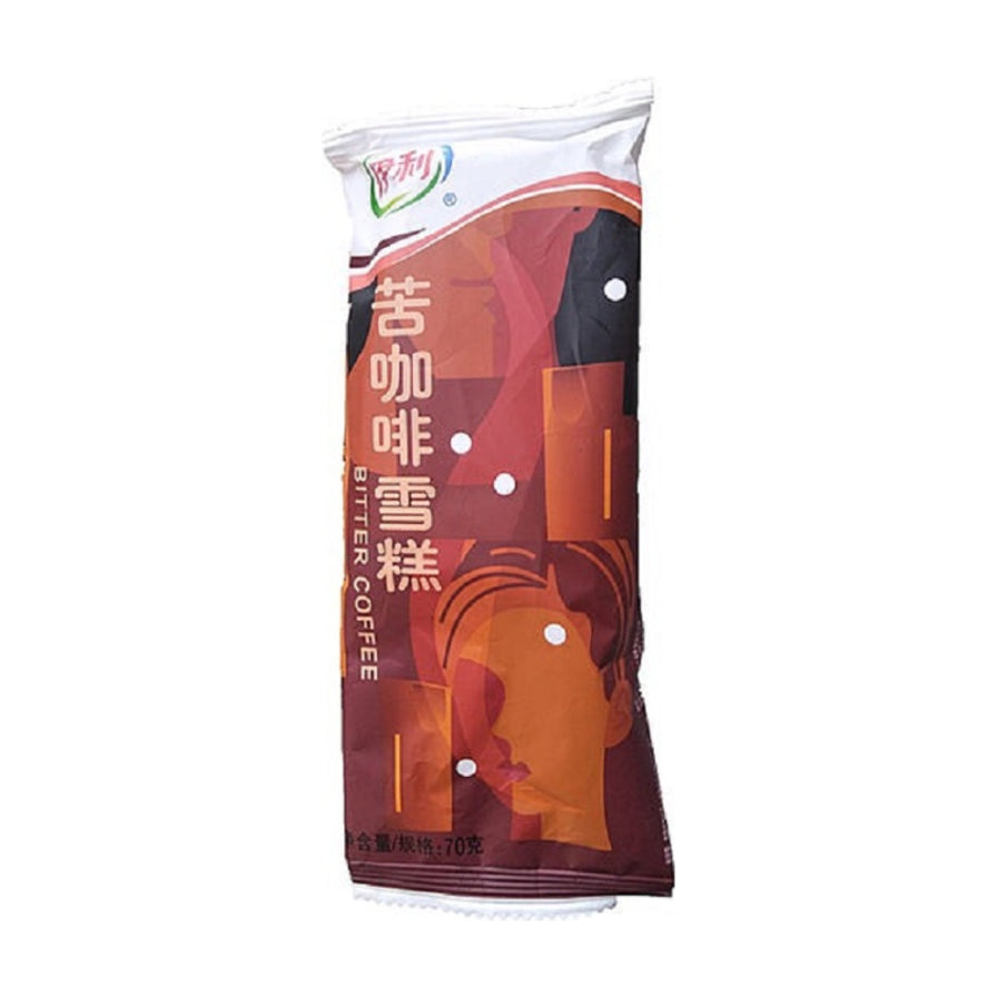 伊利苦咖啡雪糕独立包装正面图，红棕色包装袋上印有“苦咖啡雪糕”字样及品牌 Logo。