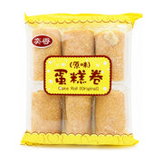 奕香原味瑞士卷蛋糕包装正面图，白色背景，透明包装内含六枚金黄色松软蛋糕卷，包装上印有奕香品牌标识及蛋糕卷原味字样。