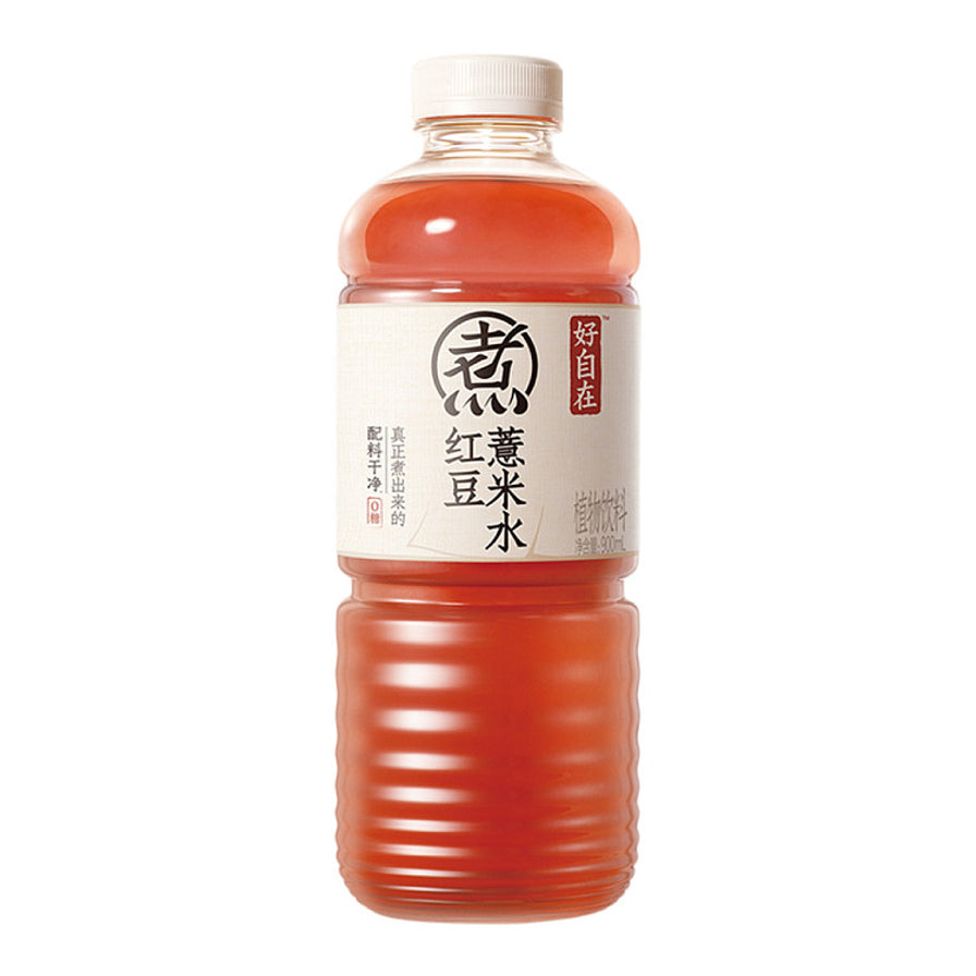 元气森林煮红豆薏米水900ml大容量瓶装，深红色茶汤，包装标注真正煮出来、0糖。