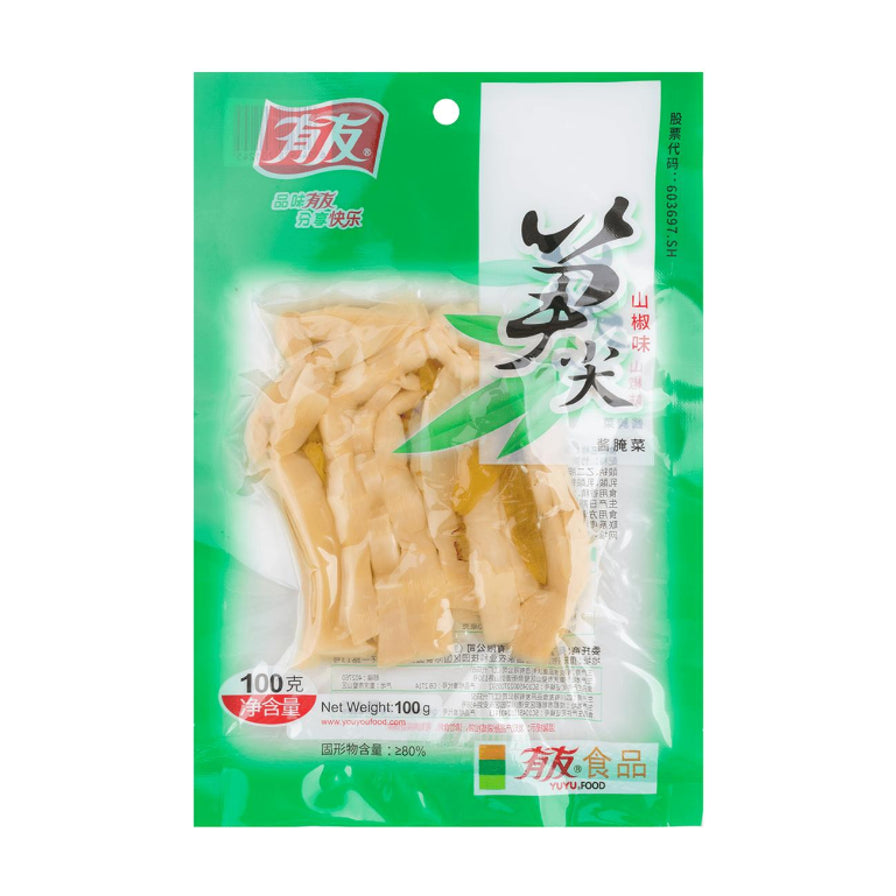 有友笋尖泡椒100g袋装正面图，展示透明包装内的脆嫩笋尖和山椒，包装带有绿色装饰和有友品牌标识。