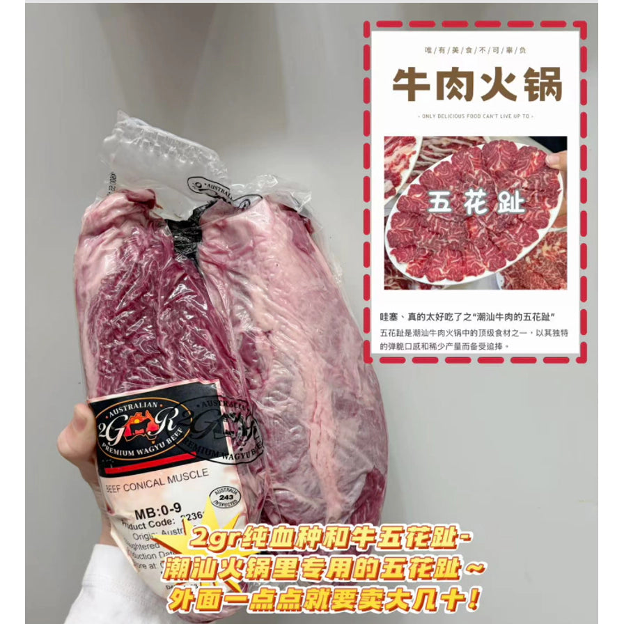 潮汕牛肉火锅五花趾宣传海报，包含手持原肉展示及切片后的精美摆盘图。