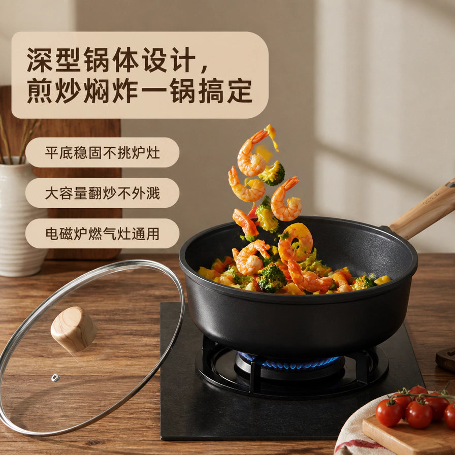 卡罗特深型锅体炒锅在燃气灶上烹饪虾仁西兰花的场景，展示大容量翻炒不外溅。