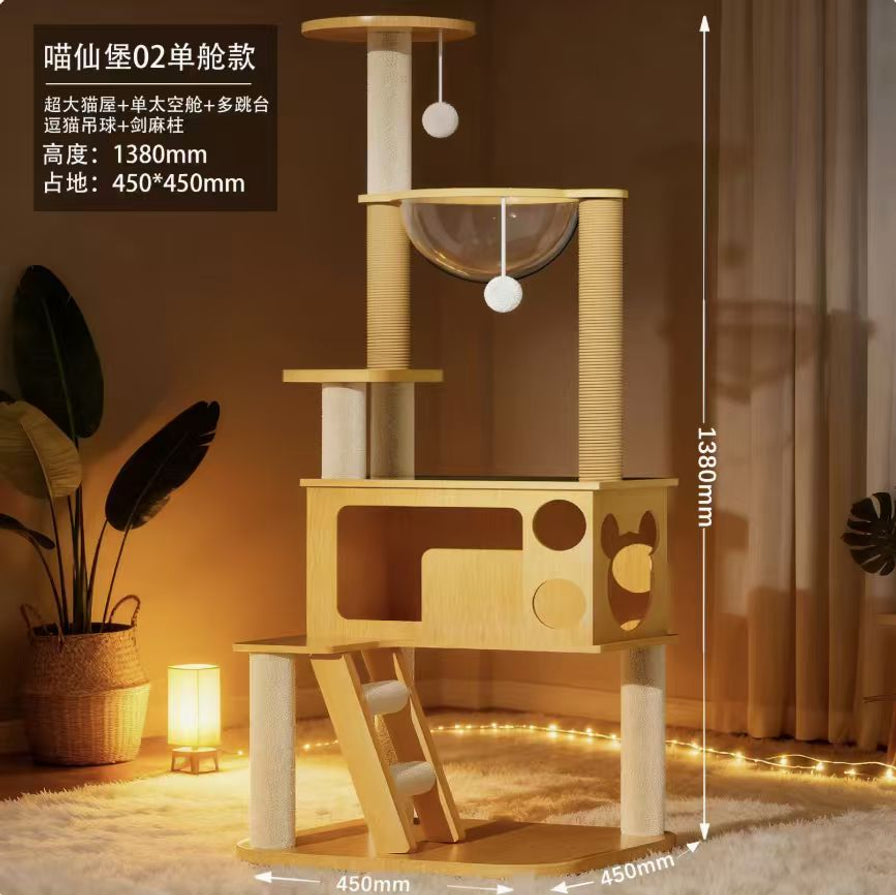 喵仙堡02单舱款猫爬架海报，左上角标注产品卖点及规格，包含超大猫屋、单太空舱、多跳台等配置。