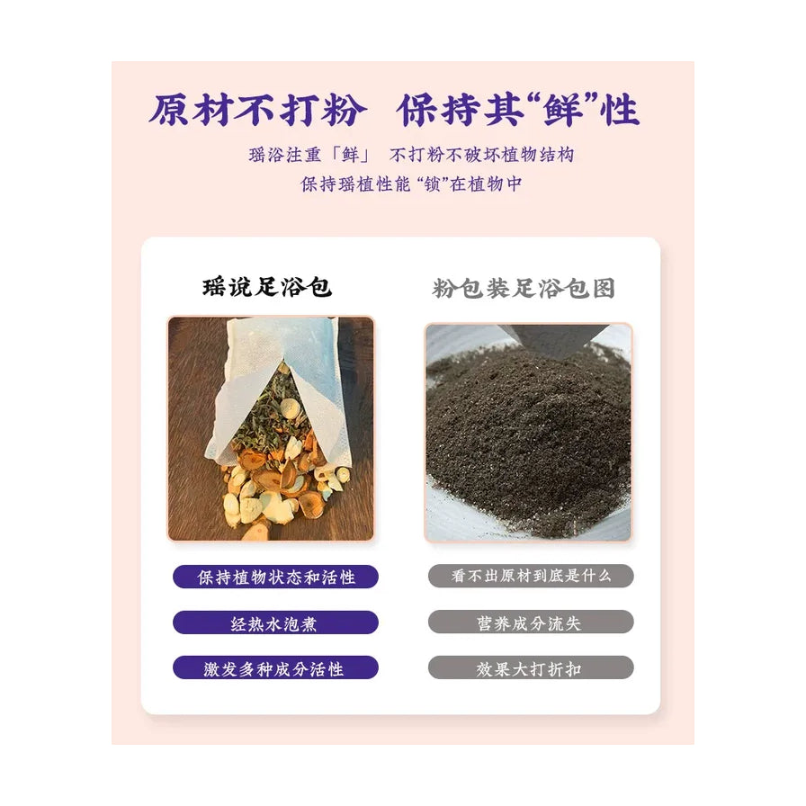 足浴包原材料不打粉与粉末状对比图，展示植物活性保持优势及中文卖点说明的宣传海报。