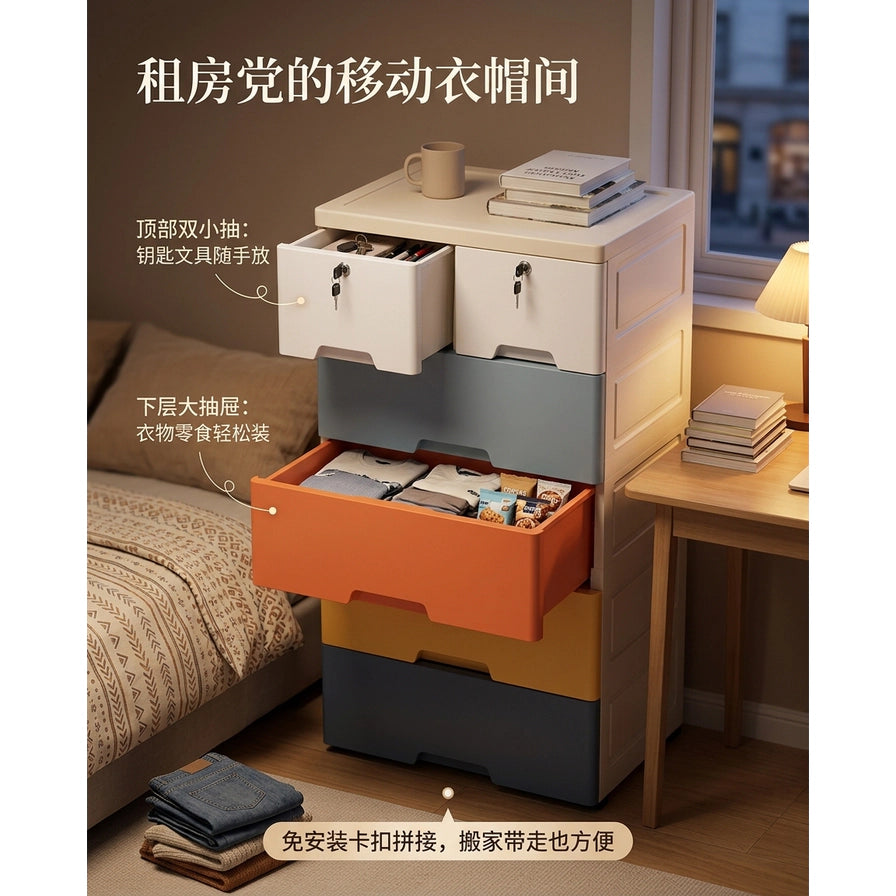 卧室场景中的收纳柜营销图，抽屉呈打开状态展示衣物零食收纳，图片叠加中文卖点文字说明免安装卡扣拼接。