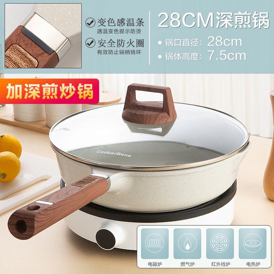 CookerBene 28cm 深煎炒锅，标注锅口直径 28cm 及锅体高度 7.5cm，展示手柄感温设计及全炉灶通用特性。