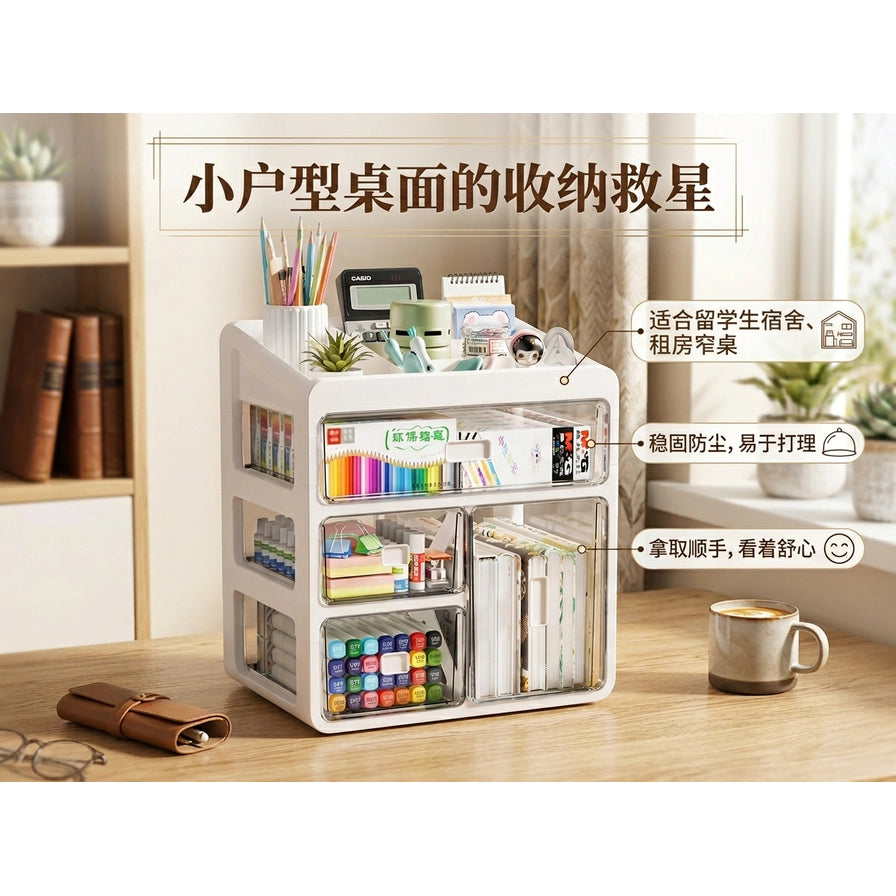 收纳架置于木质书桌上的场景图，配有中文标题“小户型桌面的收纳救星”及功能卖点说明标签。