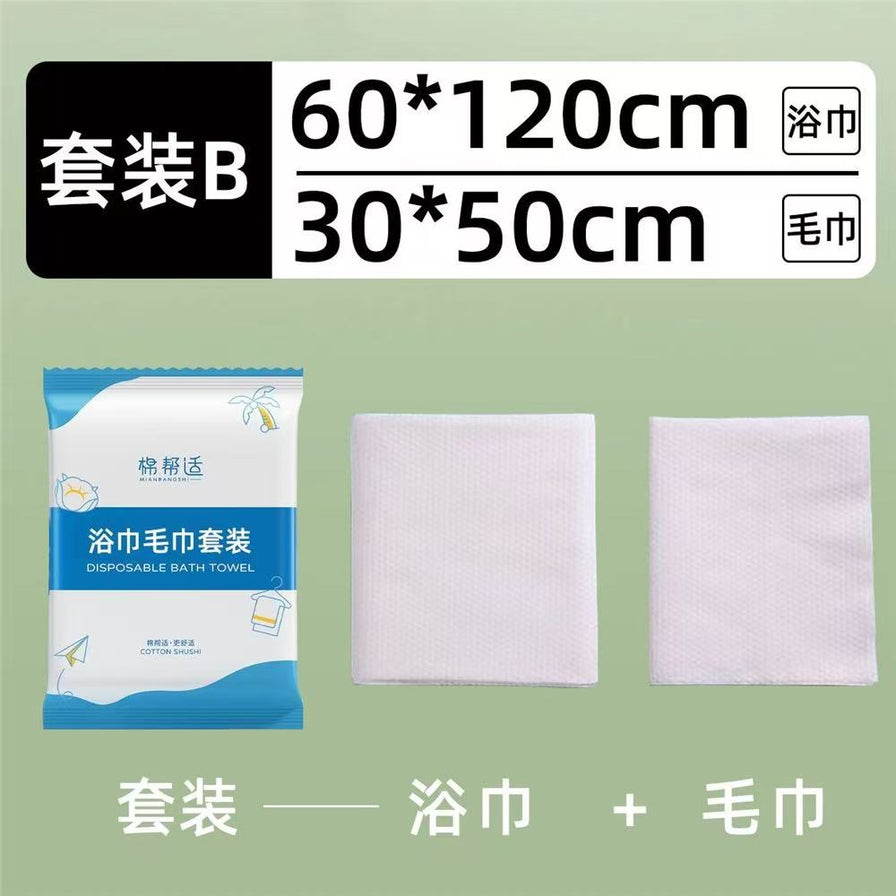 棉帮适一次性浴巾毛巾套装规格展示图，标注浴巾尺寸60x120cm，毛巾尺寸30x50cm，套装B组合。