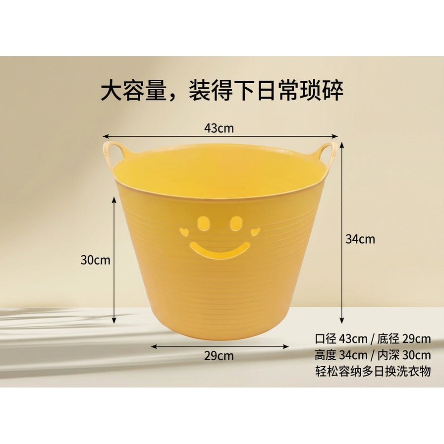 小黄鸭笑脸脏衣篮产品详情图，配有大容量装得下日常琐碎文字说明及详细尺寸参数。