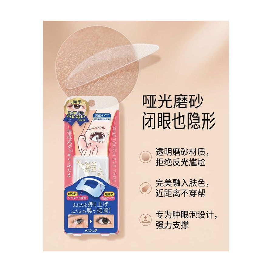 哑光磨砂材质细节图，放大展示双眼皮贴纹理，配有中文说明强调闭眼隐形与强力支撑特性。