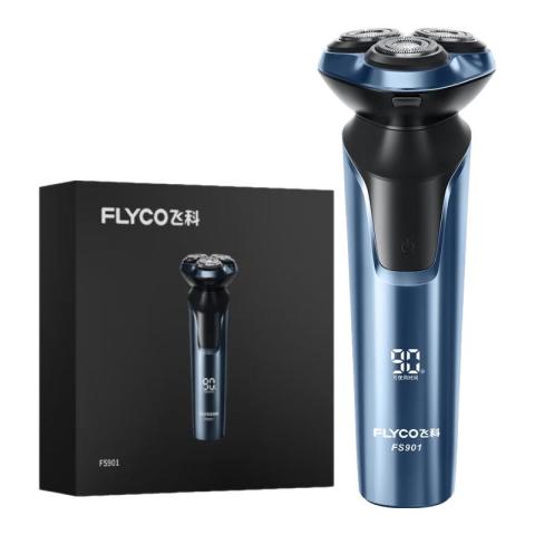 飞科 FS901 电动剃须刀与黑色包装盒并排展示，包含产品本体及外包装设计图。