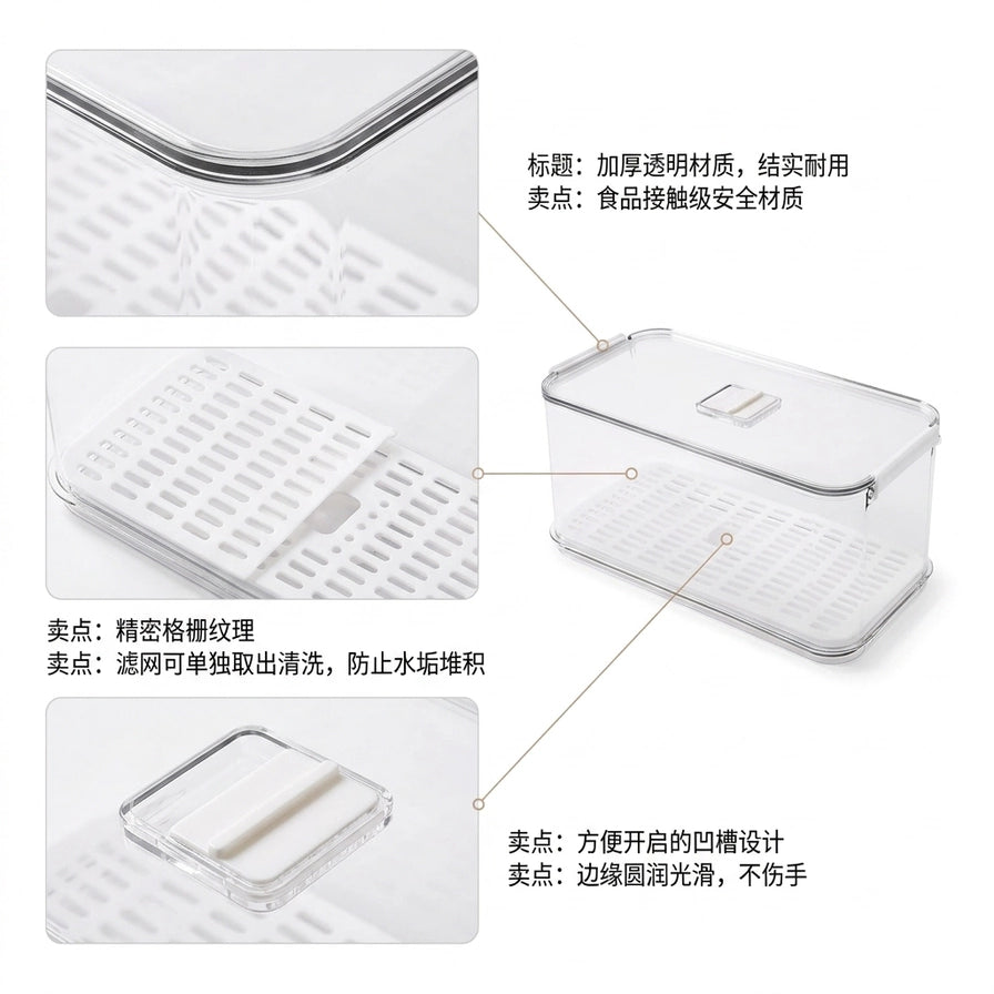 产品细节拼图，展示加厚材质、可拆卸滤网纹理及凹槽把手设计，配有中文卖点文字说明。