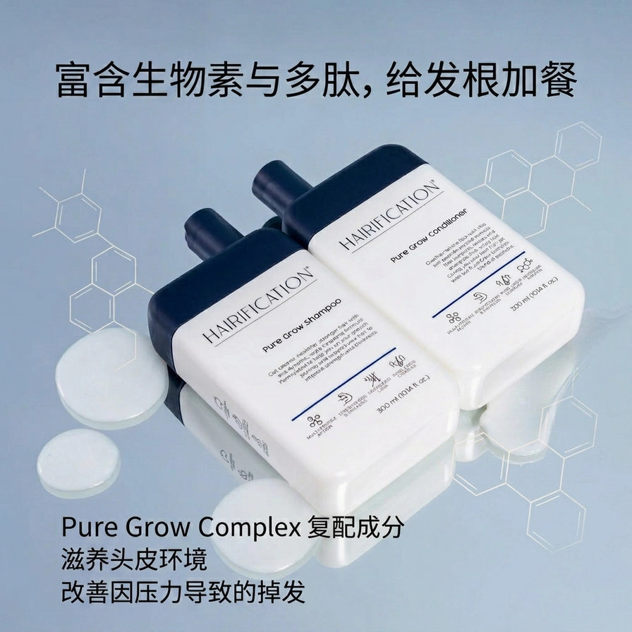 Hairification 洗护套装营销图，叠加中文卖点文案“富含生物素与多肽”及分子结构装饰背景。