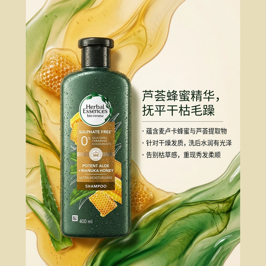 Herbal Essences 洗发水营销海报，背景为蜂蜜与芦荟流体，右侧含中文卖点文案