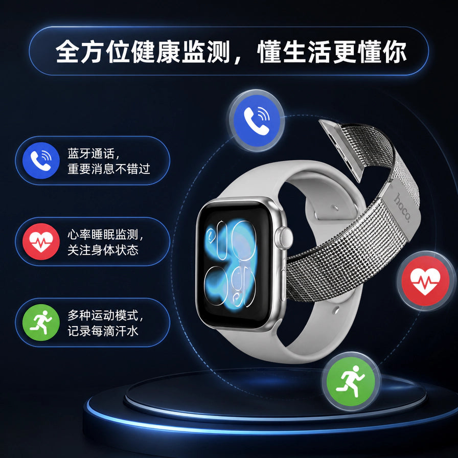 hoco 浩酷 Y42 智能手表功能图标展示，包含蓝牙通话、心率睡眠监测及多种运动模式。
