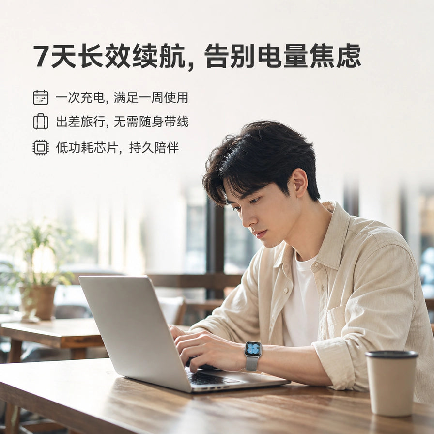 一名男士在办公场景佩戴 hoco 浩酷 Y42 智能手表使用笔记本电脑，展示其长效续航与商务通勤适用性。