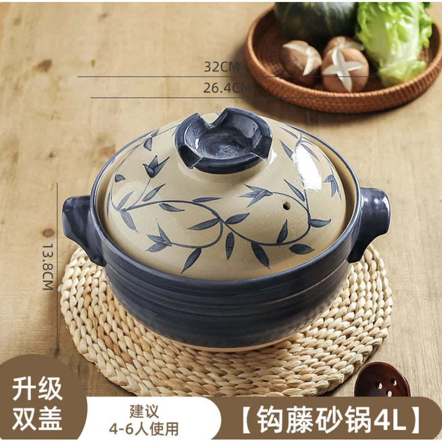 日式钩藤砂锅4L规格展示图，包含尺寸标注、升级双盖卖点及4 - 6人使用建议。