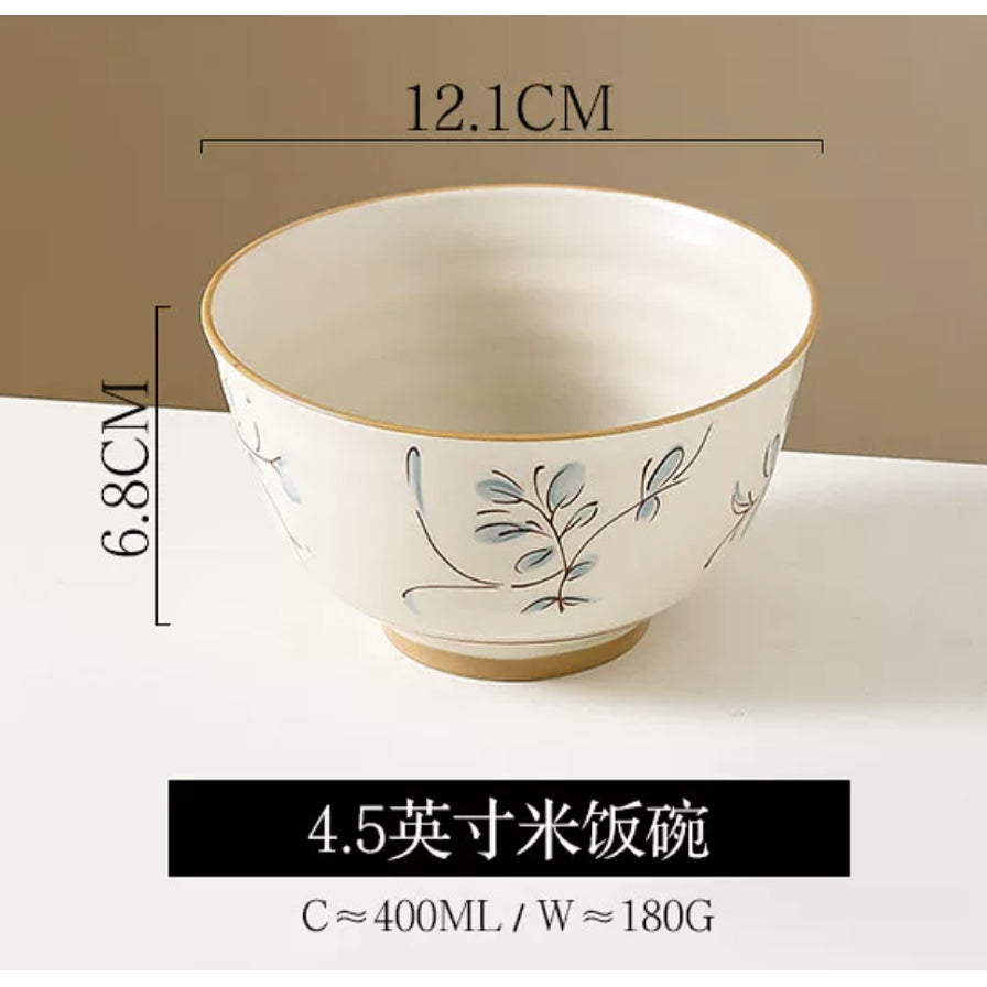 日式兰花草陶瓷饭碗详情图，带有中文标注：4.5英寸米饭碗，容量约400ml，重量约180g，直径12.1cm，高度6.8cm。
