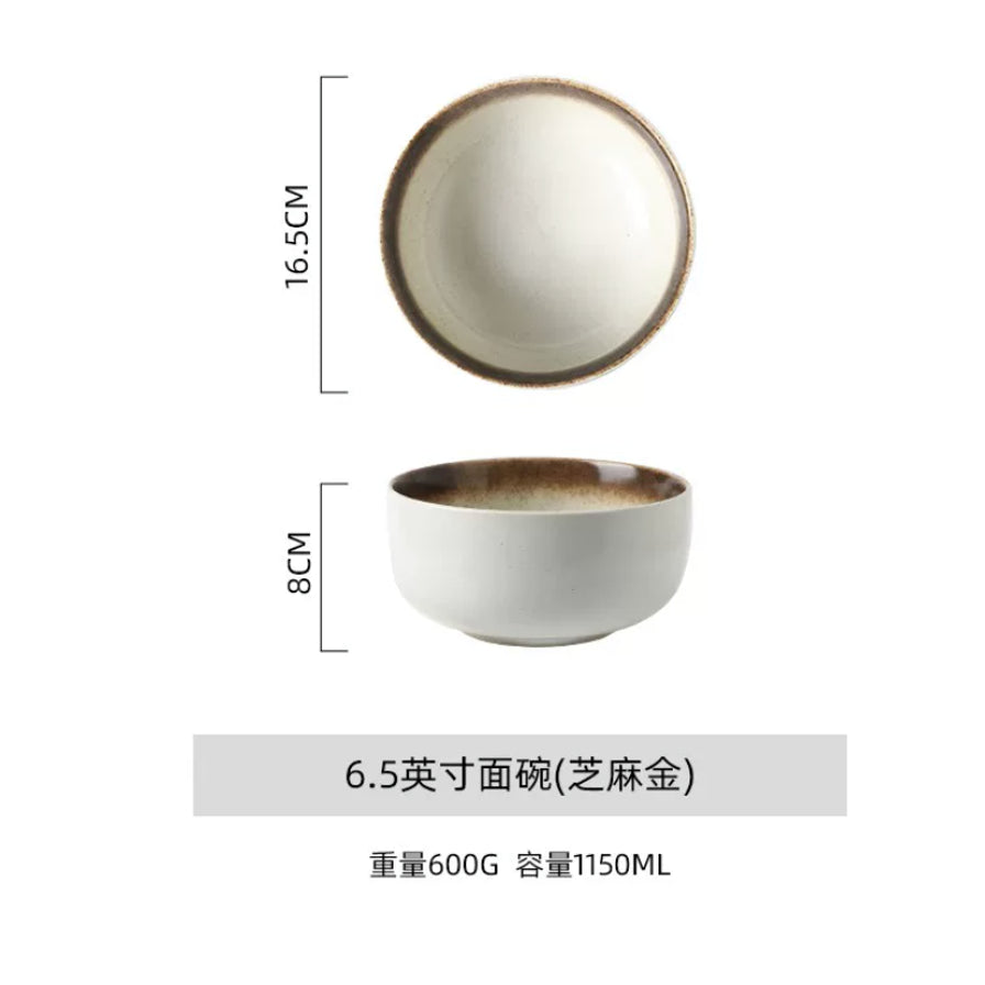 日式芝麻金面碗的尺寸与规格说明图，包含直径16.5cm、高度8cm、重量600g及容量1150ml等中文信息。