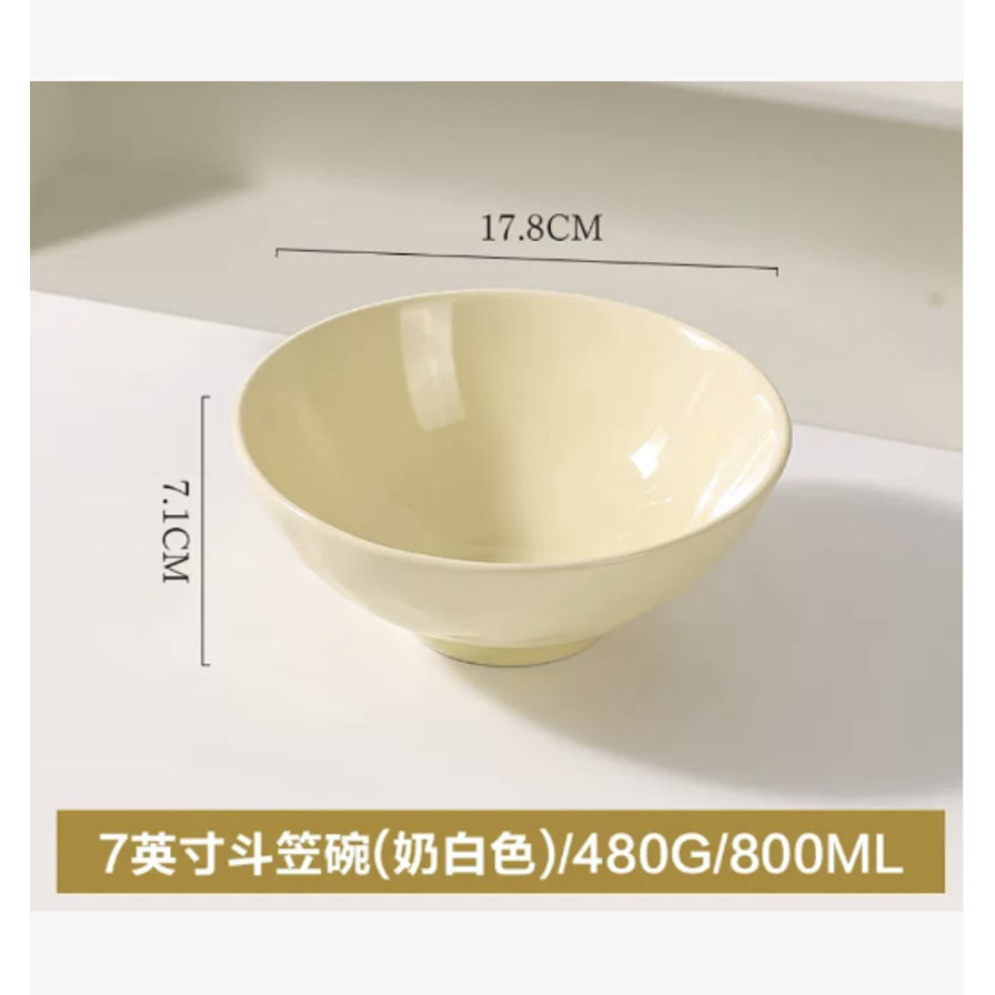 奶白色7英寸斗笠碗，配有尺寸标注（17.8cm直径，7.1cm高度）及底部文字说明：7英寸斗笠碗（奶白色）/480G/800ML。