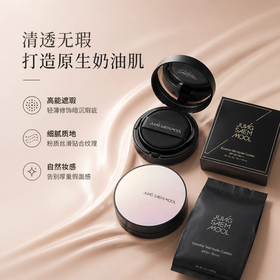 郑瑄茉气垫粉底在丝滑背景上的展示图，配有中文卖点说明：清透无瑕、打造原生奶油肌、高能遮瑕、细腻质地。