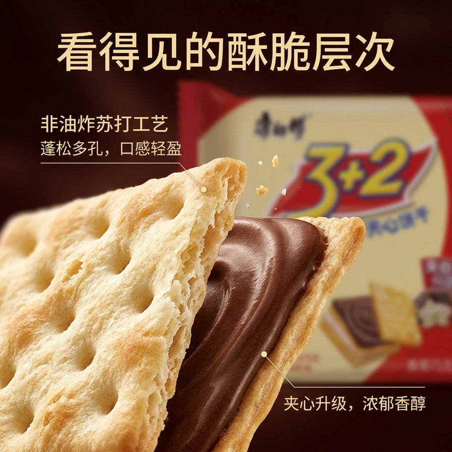 康师傅 3+2 苏打夹心饼干特写细节图，展示非油炸苏打工艺带来的蓬松多孔质感及浓郁香醇的夹心，背景含中文说明文字。