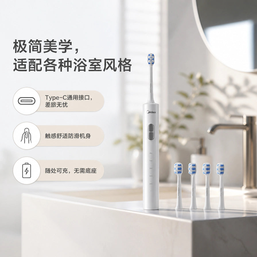 美的电动牙刷放置在现代简约浴室洗手台上的场景图，展示Type - C接口和防滑机身卖点。