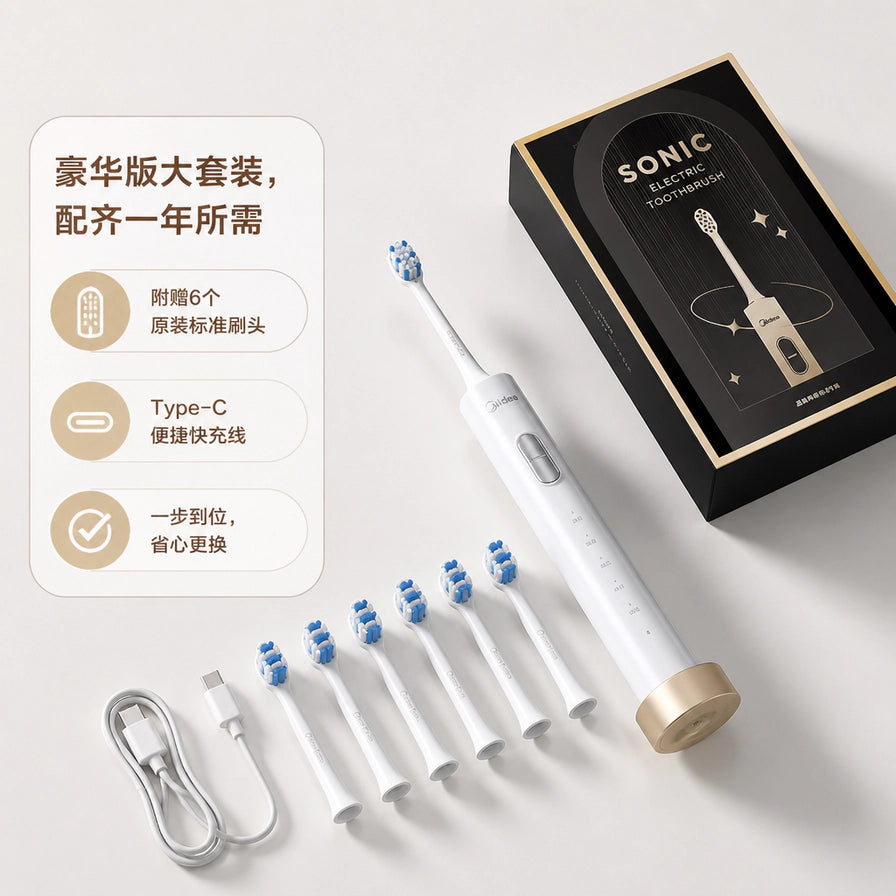 美的电动牙刷豪华版大套装展示，包含1台主机、6个原装刷头、1条Type - C充电线及包装盒，配有中文卖点说明。