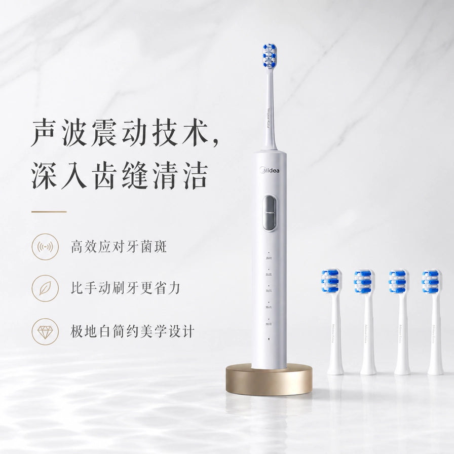 美的声波电动牙刷在水波纹背景下的展示，突出声波震动技术和极地白简约美学设计，附带中文功能介绍。