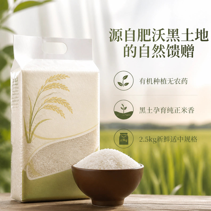 有机长粒香大米2.5kg包装袋，背景为绿色稻田，配有源自肥沃黑土地、有机种植无农药等文字说明。