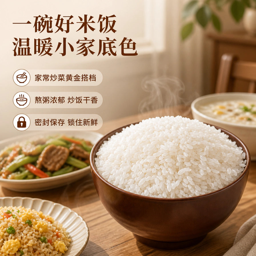 餐桌上一碗冒着热气的白米饭，背景有炒菜和蛋炒饭，配有一碗好米饭温暖小家底色等文字。
