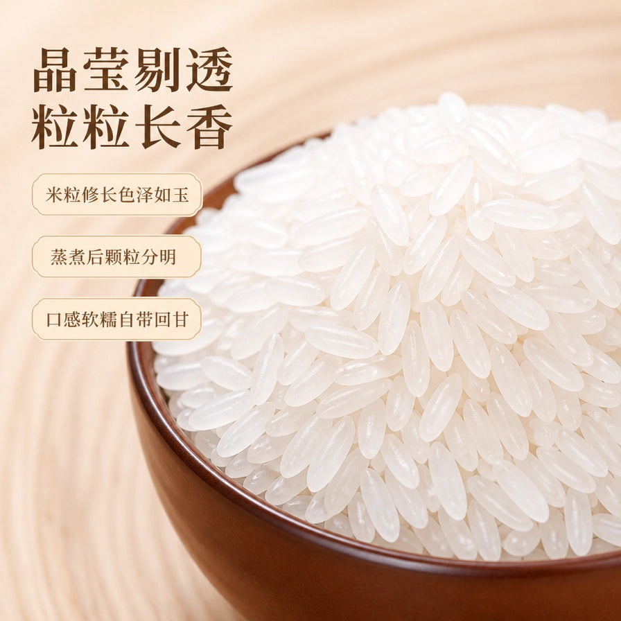 近距离展示煮熟后的长粒香大米，颗粒分明且晶莹剔透，配有口感软糯自带回甘等文字说明。