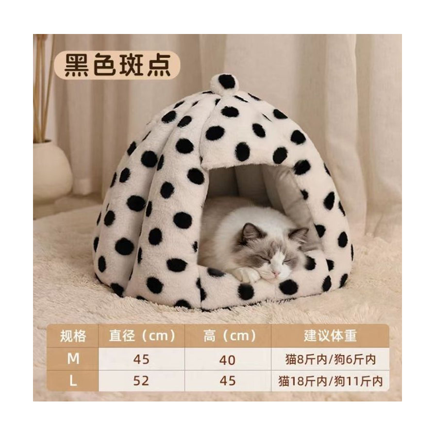 黑白斑点猫窝的尺寸规格表，包含M码和L码的直径、高度及建议体重信息。