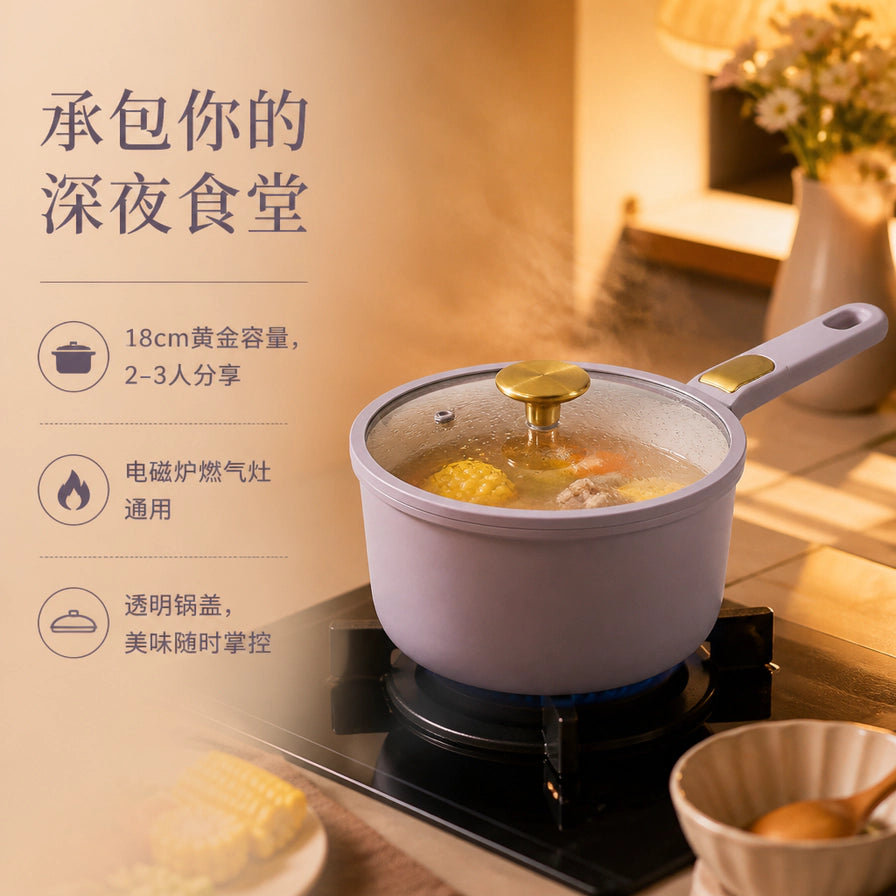 紫色奶锅在燃气灶上烹饪的场景图，左侧标注18cm容量、电磁炉燃气灶通用及透明锅盖卖点。