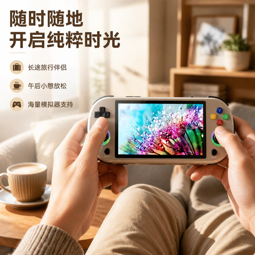 用户在室内休闲场景下双手持握复古掌上游戏机进行游戏，背景有咖啡杯，上方带有随时随地开启纯粹时光中文标题。