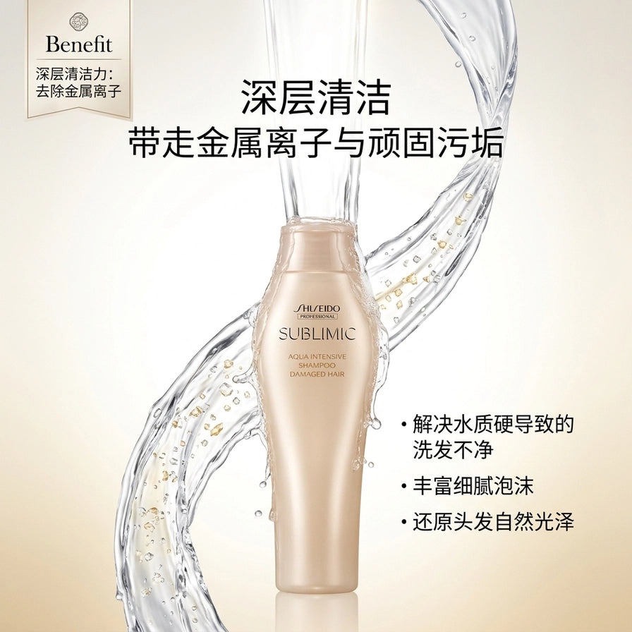 资生堂 SUBILMIC 洗发水深层清洁示意图，水流环绕瓶身，配有中文文字说明去除金属离子。