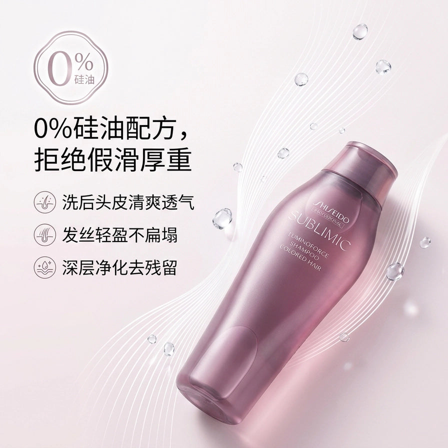 资生堂 SUBLIMIC 洗发水倾斜特写，配合水滴元素与中文文案强调 0% 硅油清爽配方。