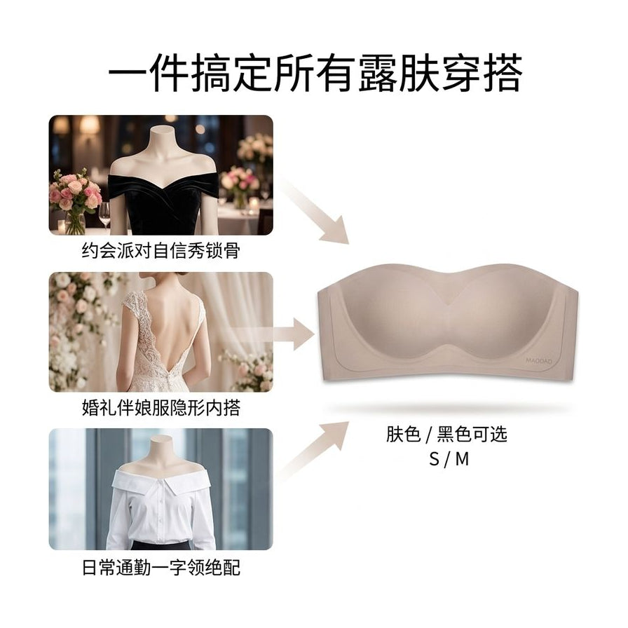 多场景穿搭示意图，展示露肩装、婚纱及日常一字领搭配效果，含中文场景标注。