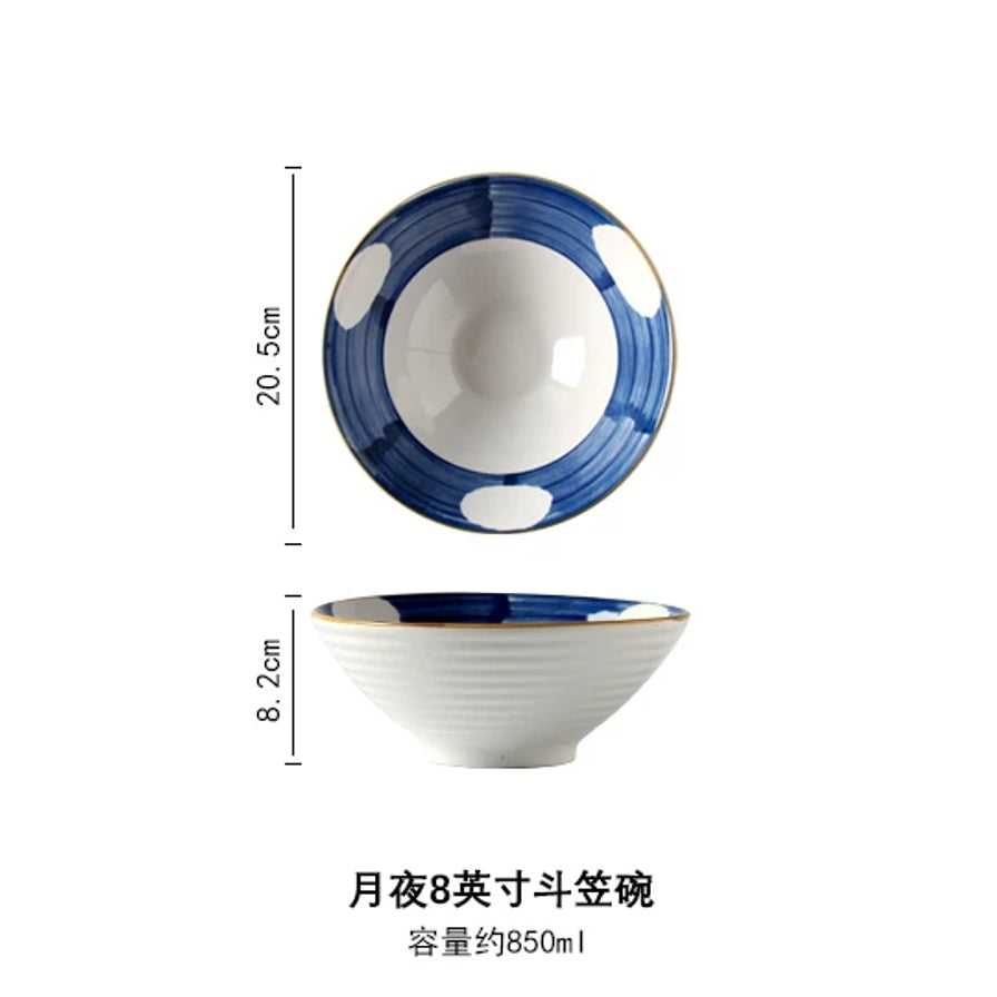 月夜纹样8英寸斗笠碗的俯视图与侧视图，标注直径20.5cm，高度8.2cm，容量约850ml。