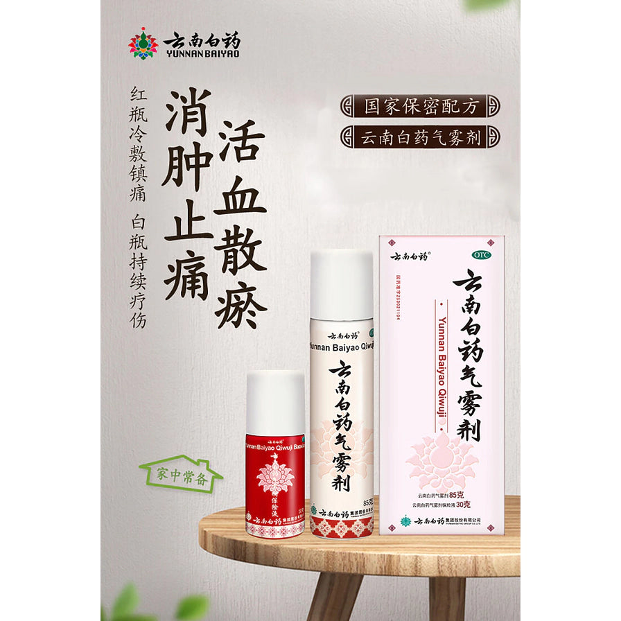 云南白药气雾剂海报，背景为木质桌面，展示红白双瓶组合，配有活血散瘀、消肿止痛等功效文字说明。
